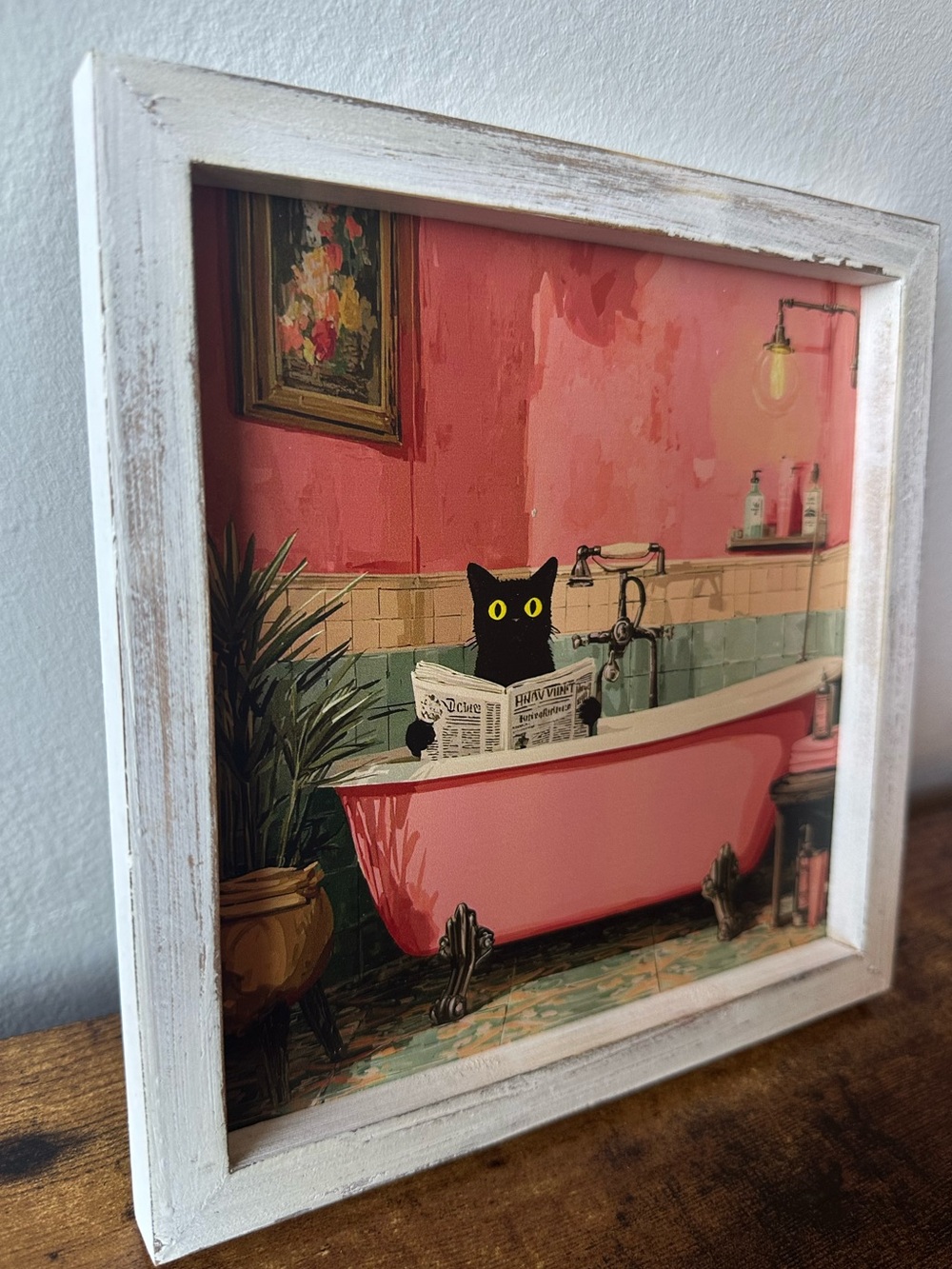 Framed Wooden Cat in Pink Bathtub Cat w/ Newspaper Wall Art Home Bath Decor NWT - Picture 3 of 4
